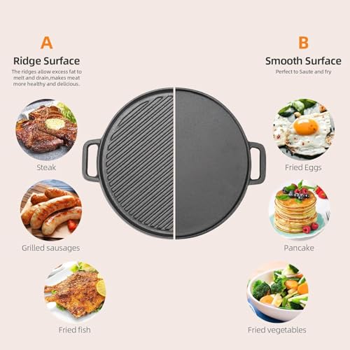 Double-Sided Cast Iron Griddle Pan, Non-Stick Pre-Seasoned Cast Iron Skillet BBQ Grill Plate, 30cm Non-Stick Griddle Pan with Handles for Gas Electric and Oven Safe, Round