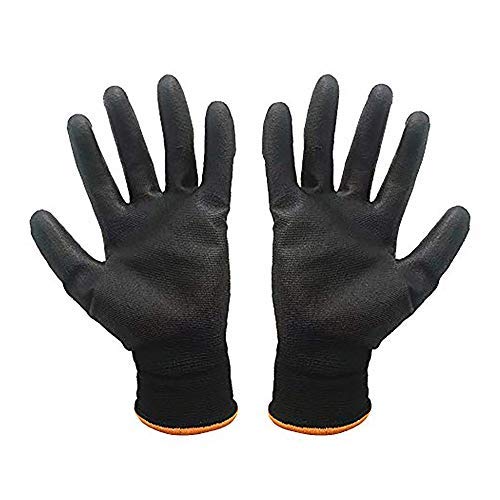 ANSIO 5 Pairs, Medium Size PU Coated Nylon Non Slipy Safety Work Gloves Handling Gloves with secure Grip Black Gloves (Pack of 5 Pairs) Size 8