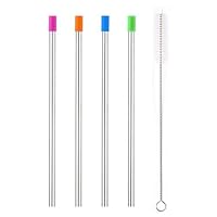 Walmeck 4pcs Reusable Stainless Steel Straws Eco-friendly Straight Straw 9" Long Drinking Metal Straws with Removable Silicone Tip & Cleaning Brush