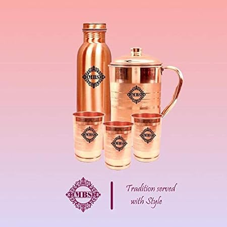 MBS Set of 1 Pure Copper Jug (1500ml), 1 Copper Bottle (1000ml) & 3 Copper Glasses (300ml Each)