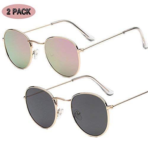 2 Packs Round Lens Sunglasses for Women Men Retro Unisex Glasses (Golden, Pink/Grey)