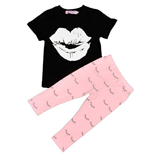 Cutelove Girls Sets Big Lip Pattern T-shirt Pink Eyes Pants Summer Two Pieces