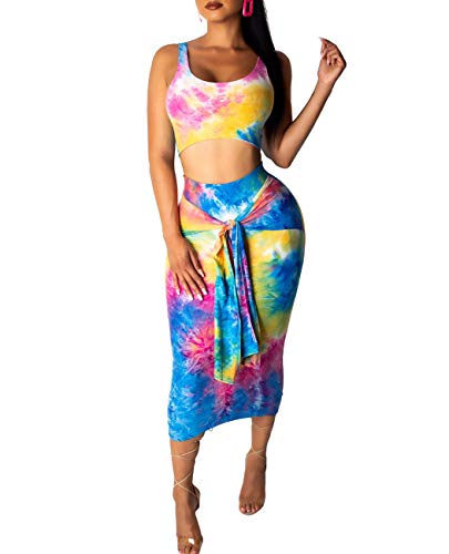 image for Remelon Womens Sexy Sleeveless Rainbow Tie Dye Print Tank Crop Top Bod