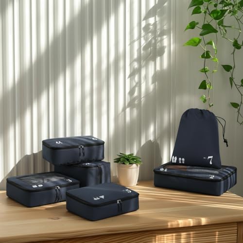 ECOHUB Organizer Suitcases 7 Pieces Packing Cubes Kit Travel Kit Environmentally Friendly PET Travel Accessories Organizer Space-Saving Travel Shoe Holder Organizer Backpack (Dark Blue)