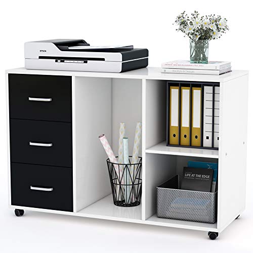 Tribesigns 3 Drawer Wood File Cabinets, Large Modern Lateral Mobile Filing Cabinets Printer Stand with Wheels, Open Storage Shelves for Home Office Study Bedroom (White)