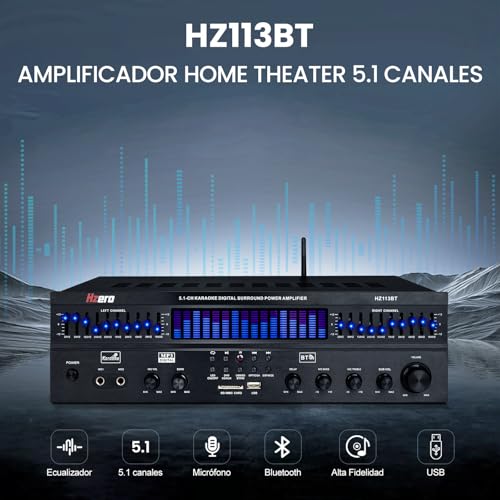 HZERO Amplificador de Audio para Casa de 5.1 Canales para Altavoces de 8-16 Pulgadas, Amplificador de Altavoces con Ajuste del Ecualizador, con Ventilador Inteligente Entrada Coaxial óPtica