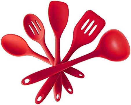 Bessmate 5 Piece Silicone Kitchen Utensils Set Premium Heat Resistant Anti-Bacterial in Hygienic Solid Coating-Dishwasher Safe (Cherry Red)