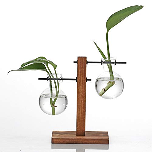 Kingbuy Hydroponic Glass Vase Vintage Desktop Plant Terrarium Planter Bulb Vase Water Planting Propagation Vase Libra planters Hydroponics Plants with Retro Wooden Stand Home Garden.