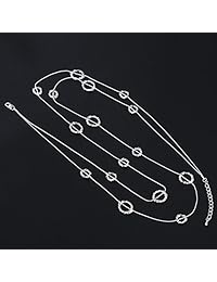 Collar largo de plata con doble capa, collar largo con círculo de trabilla martillado para mujer