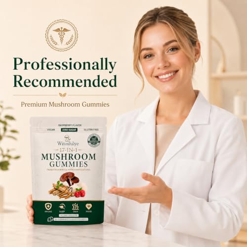 17-in-1 Mushroom Gummies High Strength, Mushroom Supplement with Lion’s Mane, Reishi, Chaga, Ashwagandha, Enhance Focus & Energy & Immunity, for Women and Men, Vegan, Raspberry Flavor (60 Gummies)