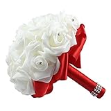 OurWarm® Red Crystal Roses Pearl Bridal Bridesmaid Wedding Bouquet Artificial Silk Flowers with 1pcs Glue Stick