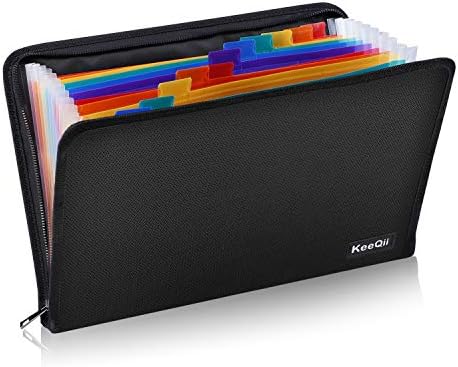 KeeQii Document Organizer , Multicolor 13 Pockets Expanding File Folder ,Fireproof Zippered Accordian File Organizer with Colored Tab for Office/School, Zipper Closure, A4 Letter Size (14.2 x 10.2）