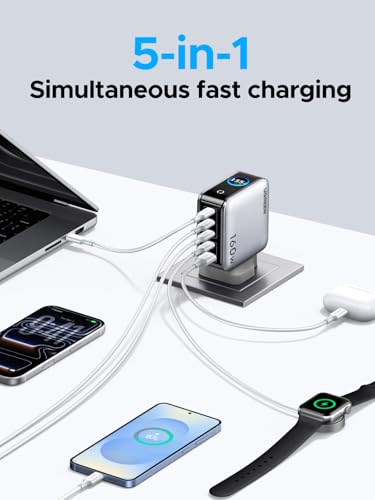 UGREEN Nexode Pro 160W Type C Fast Charger, Smart Display USB C GaN Charge Adapter 5-Port Laptop Charging Compatible for iphone 17 Pro Max, Galaxy S26/25 Ultra, iPad, MacBook, Honor, Lenovo, Dell, HP
