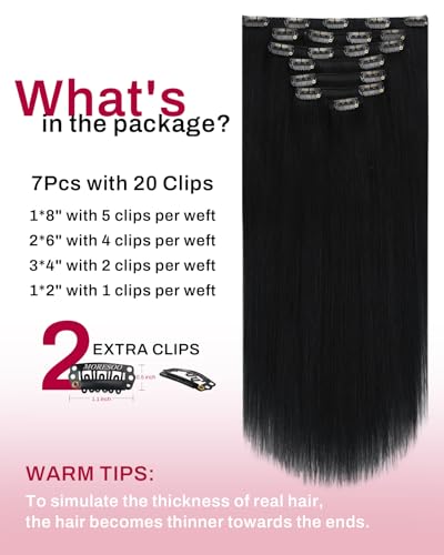 Moresoo Clip in Human Hair Extensions 60 cm Black Jet Remy Human #1 120 g 7pcs | Instant Volume, Invisible At The Neck, Modern Style, Easy To Wear, Soft Texture