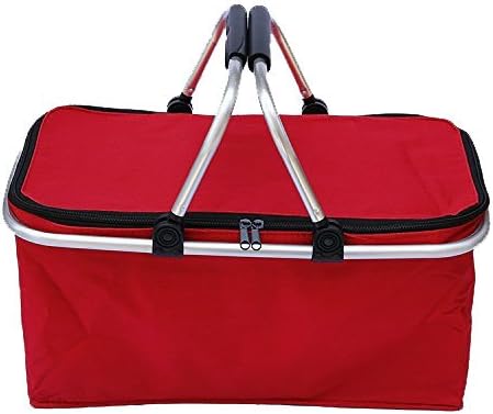 Picnic Basket, SUROY Insulated Folding Collapsible Market Picnic Basket Zip Closure Basket with Carrying Handles for Outdoor Picnic (Red)