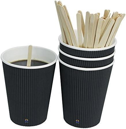 40 Count Insulated Ripple Hot Paper Coffee Cups with 7-Inch Wood Stirrers Coffee Stir Sticks - Perfect for Your Coffee/Tea, No Sleeves Needed (12 Ounce, Black)