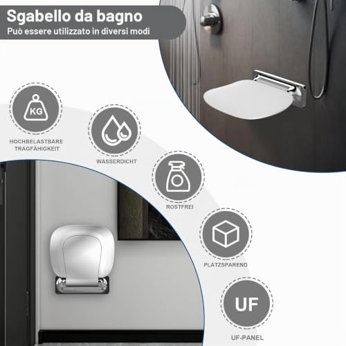 Heuffe Folding Shower Seat with Wall Mount and Large Seat – Ergonomic Non-Slip Bathroom Stool for Elderly and Disabled, Maximum Load 180 kg, White