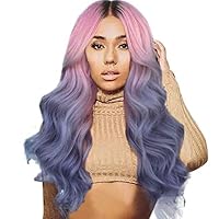 Akabsh_beauty Women Pink Purple Long Wavy Curly Wigs,Elegant Synthetic Full Hair Periwig,Cosplay Party Use Toupee