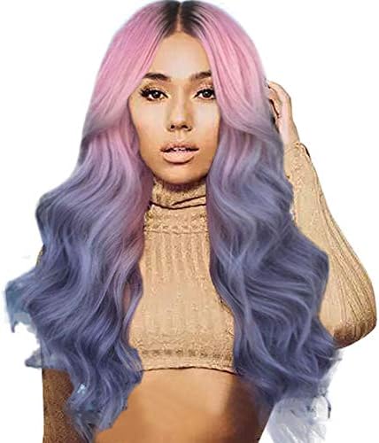Cinhent 28" Women Pink + Black + Purple Princess Long Curly Straight Wavy Synthetic Full Hair Wig Cosplay Party Dress, Feels Very Like Human Hair