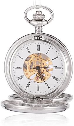 Sinopic Double Hunter Case Pocket Watch for Men with Vintage Gold Roman Numerals Skeleton Black Dial