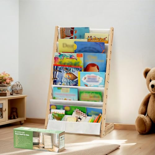 Kinderbücherregal Montessori – Bücherregal Kinder mit 6 Stofffächern, frontal offenes Bücher-Display aus Kiefernholz, Kinderregal für Kinderzimmer & Leseecke, Naturholz, 42 x 30 x 76 cm
