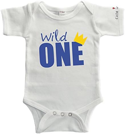 Cute in - Wild ONE Baby Bodysuit / First Birthday Bodysuit (6-12 Months, White - Short Sleeve - Blue Letters)