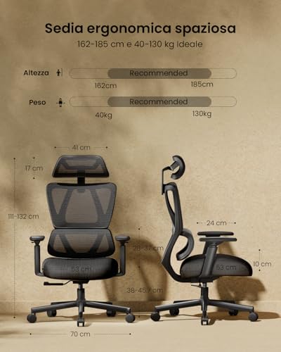 ProtoArc EC100 Ergonomic Office Chair - Desk Chair with 10cm Spring Cushion, Lumbar Support, Adjustable Arms and Headrests, Mesh Swivel Chair for Home and Office, Black
