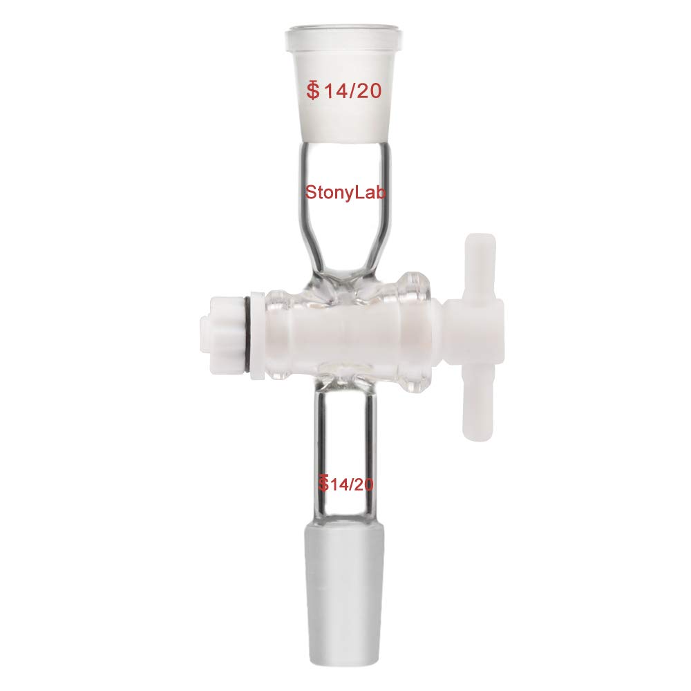 StonyLab Glass Vacuum Flow Control Adapter Straight with PTFE Stopcock and Two 14/20 Joints for Lab Supply