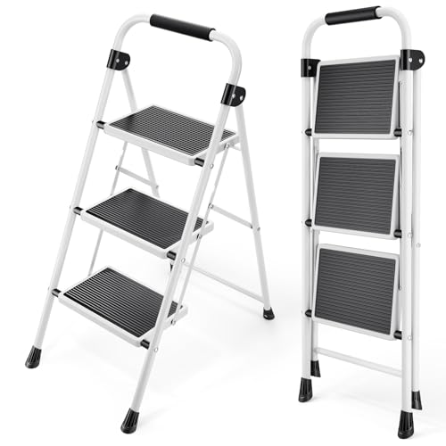 KINGRACK 3 Stufen Kleine Leiter, Trittleiter mit Anti-Rutsch, Breitem Pedal