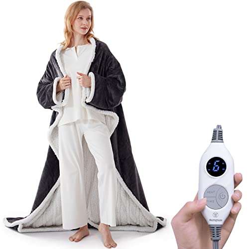 Westinghouse Wearable Heated Blanket with Foot Pocket, Electric Snuggle Throw with Sleeves, Flannel to Sherpa Reversible, 6 Heating Levels & 2-10 Hours Heating Time Settings, 50 * 70"+18", Grey