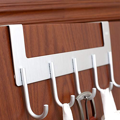ACMETOP Over The Door Hook Hanger Rack, Heavy Duty Aluminum Organizer for Storage Holder Hanging Hats, Coats, Towels, Clothes, Bags - 5 Hooks, Brush Finish (Silver)