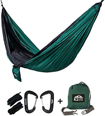 K2 Camp Gear - Original Double Camping Hammock with Premium Aluminum Carabiners included (Green/Black)