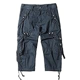 Hzcx Fashion Mens Washed Cotton Long Capris Multi-Pockets Casual Cargo Shorts