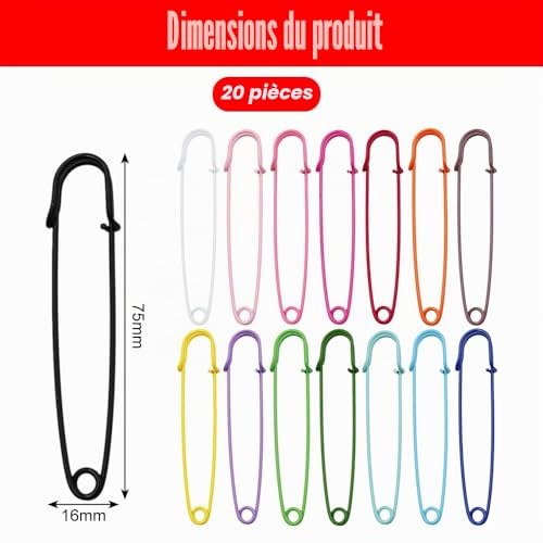 Zasjon Large Safety Pin, 20 Pieces 75 mm Metal Safety Pin, Multicoloured Large Safety Pin for Sewing, DIY, Brooch, Kilts, Crafts, Random Colour