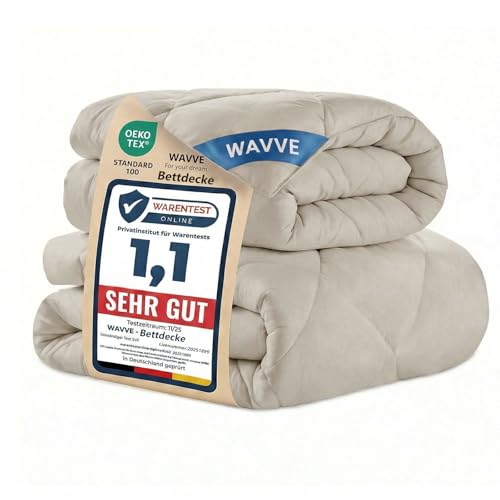WAVVE Bettdecke 220x240 cm 2 teilig Inklusive Ganzjahresdecke 300gsm + Sommerdecke 150gsm = Winterdecke 450gsm, Steppdecke Mikrofaser Beige