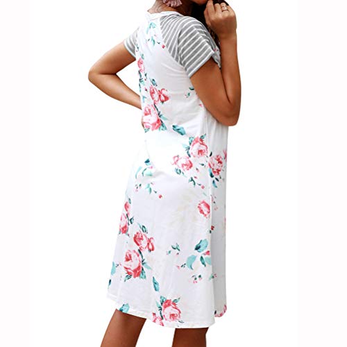 Women Striped Short Sleeve Round Neck Floral Printed A-line Midi Dress White