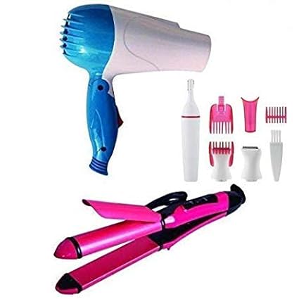 VEU Hair Styling Tools Hair Dryer, 2 in1 Straightener and Curler, Painless Trimmer Combo for Women (Multicolour)