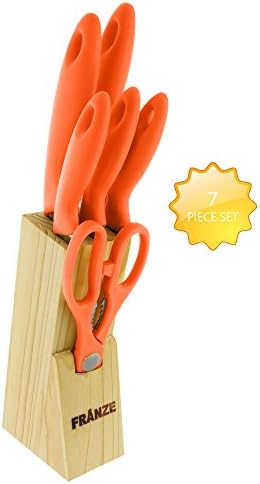 Nelsons Deals Stainless Steel Germin Style Knife Set with Wooden Block 7 Piece - Chef Knife, Bread Knife, Boning Knife, Utility Knife, Paring Knife, and Scissors (Orange)