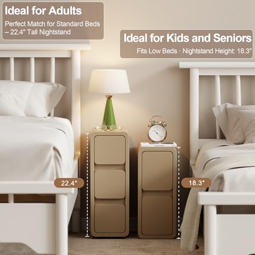 AQIMUELE Slim Bedside Table with 3 Drawers No Installation Leather Surface for Bedroom Living Room Width 20cm (Khaki)