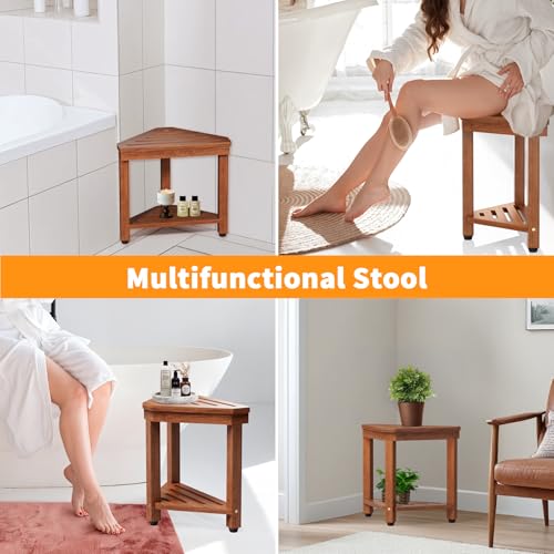 MISSEND Shower Foot Rest 15 in, Acacia Shower Stool for Shaving Legs,Corner Bath Shower Bench with Starage Shelf for Inside Small Shower Spaces