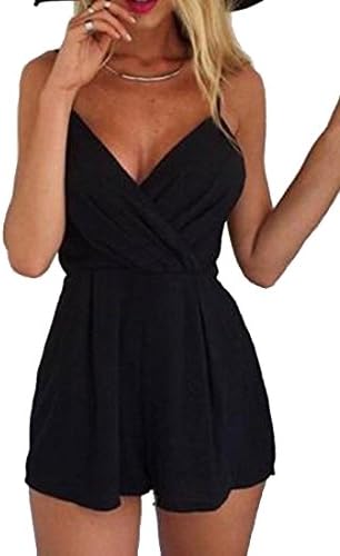 Pofachawis Women's Sexy Black Sling V Neck Shorts Jumpsuit Black XXS