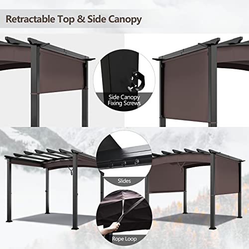 Tangkula 10ft x 10ft Outdoor Retractable Pergola, Patio Metal Pergola with Adjustable Sliding Sun Shade Canopy, Heavy-Duty Steel Frame, Patio Furniture Shelter for Backyard Garden Poolside (Brown) image 19