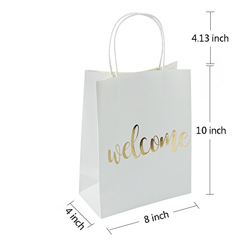 LaRibbons Medium Welcome Gift Bags - Gold Foil White Paper Bags with Handles for Wedding, Birthday, Baby Shower, Party Favors - 12 Pack - 8\