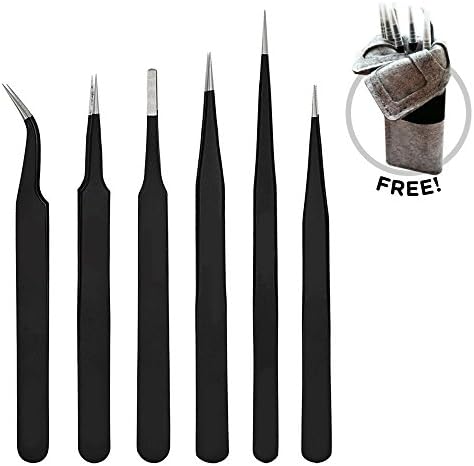Top Tweezers | Multifunction Long 6pcs Anti-Static ESD Coating Stainless Steel Tweezers with Non-Slip Handle and Tip Guard | Safe Precise Kit for Electronic Jewelry Lab Cosmetic Hobby | 1346