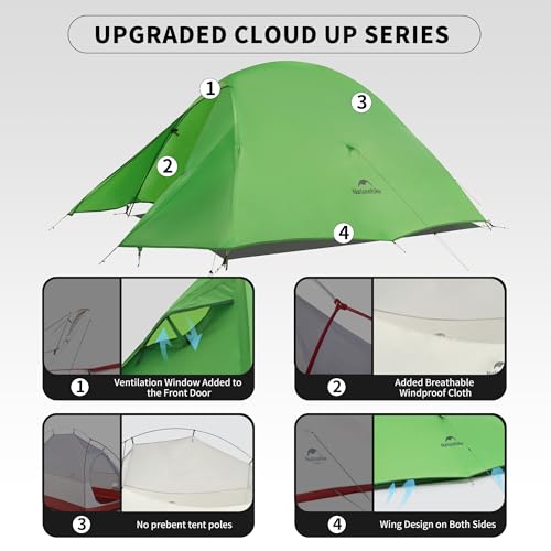 Naturehike Upgraded Cloud Up 2 Person Tent Backpacking Tent Camping Tents for 3 Season Lightweight Tents for Camping & Hiking