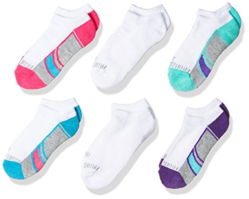 Fruit of the Loom Girls' Little Everyday Active No Show Athletic Socks (6 Pack), White, Shoe Size: 10.5-4