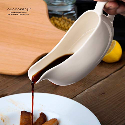Nucookery Large 17 Oz Gravy Boat With Ergonomic Handle | White Fine Porcelain Saucier With Big Dripless Lip Spout | For Gravy, Warming Sauces, Salad Dressings, Milk, More | Microwave & Freezer Safe