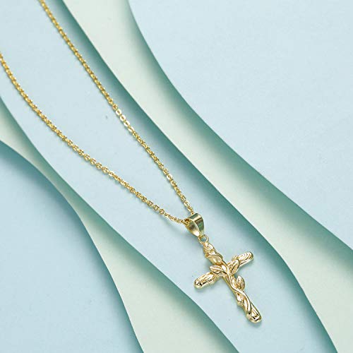 Lateefah Rose Flower Cross Pendant Necklace-14k Gold Plated Simple Religious Charm with Engraved Rose Adjustable Crucifix Cross Pendant Necklace for Women
