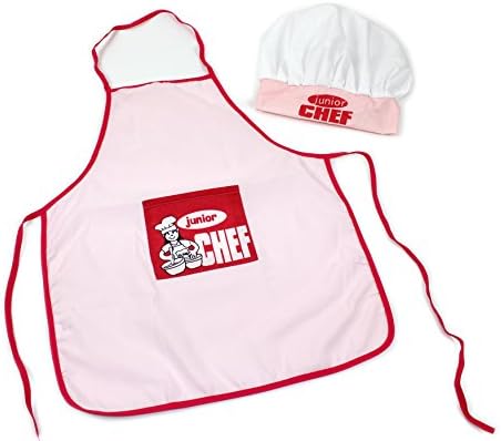 JUNIOR CHEF KIDS COOKING APRON AND CHEFS HAT SET BLUE YELLOW AND PINK (pink)