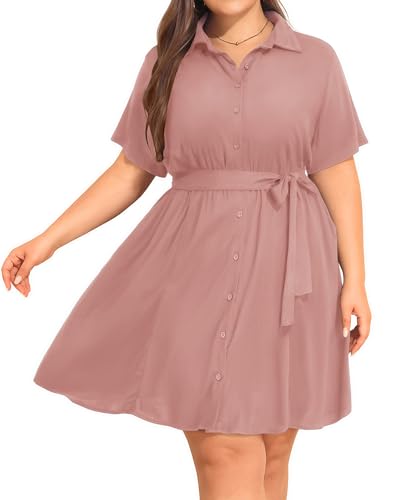 Talisea Plus Size Pink Summer Dress - Work Shirt Dress with Pockets Women at Amazon